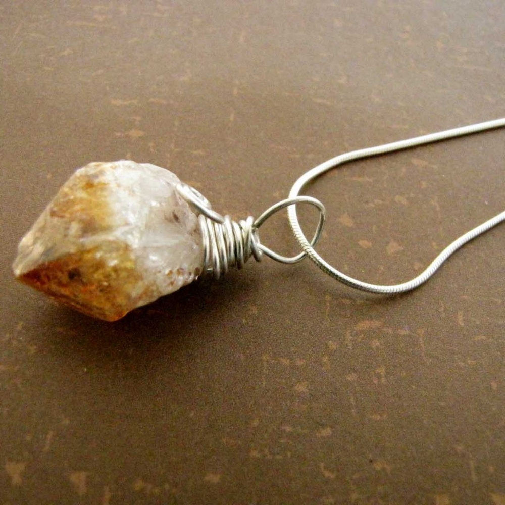Large Citrine Pendant Wire Wrapped Necklace Handmade